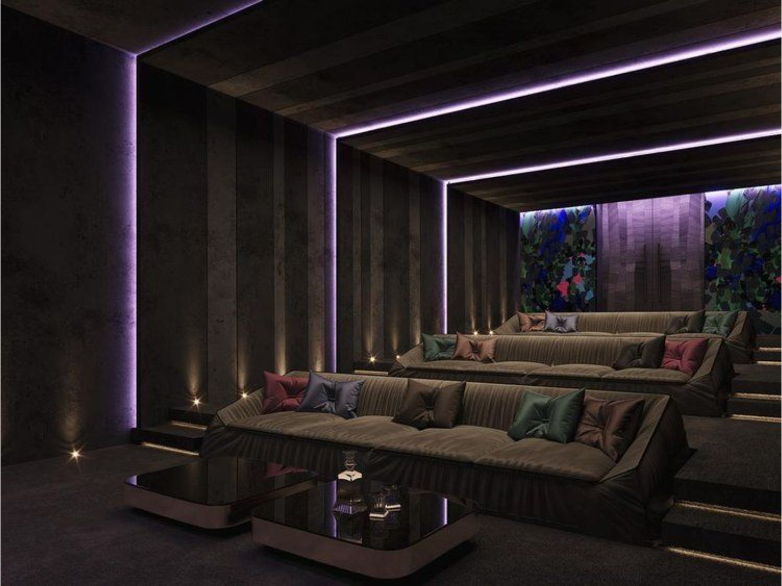 Modern living room with a large window view, featuring a sectional sofa and ambient lighting.