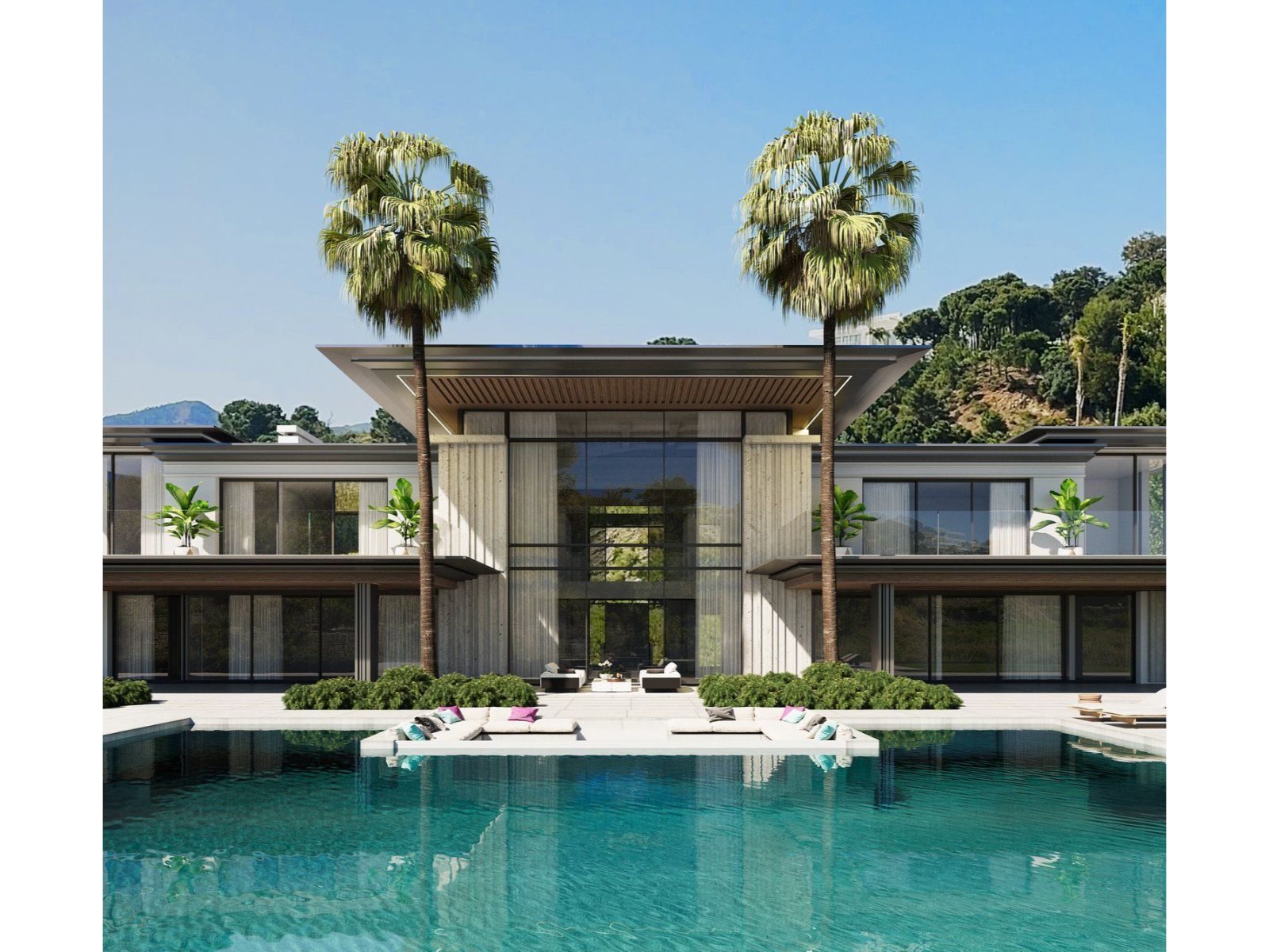 Modern luxury villa with pool, palm trees, and mountain view.