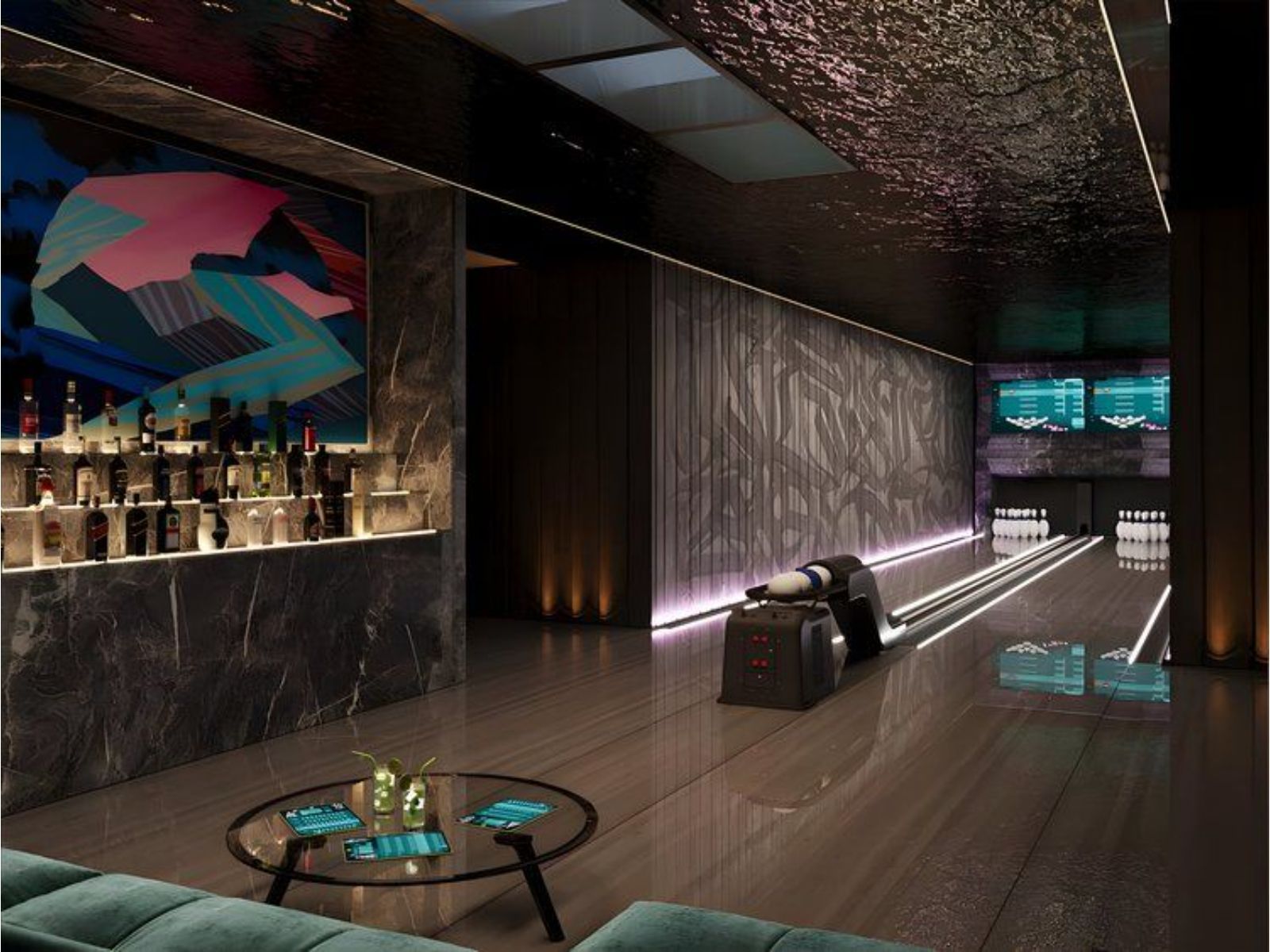 Modern lounge with bar, seating, and pool table, featuring abstract art and ambient lighting.
